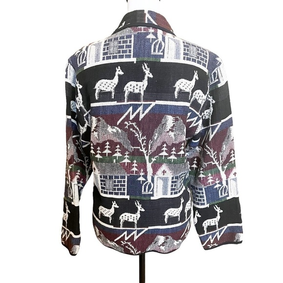 Jane Ashley Woven Tapestry Winter Deer Print Button Front Jacket Blue Multi Sz L - Picture 5 of 9